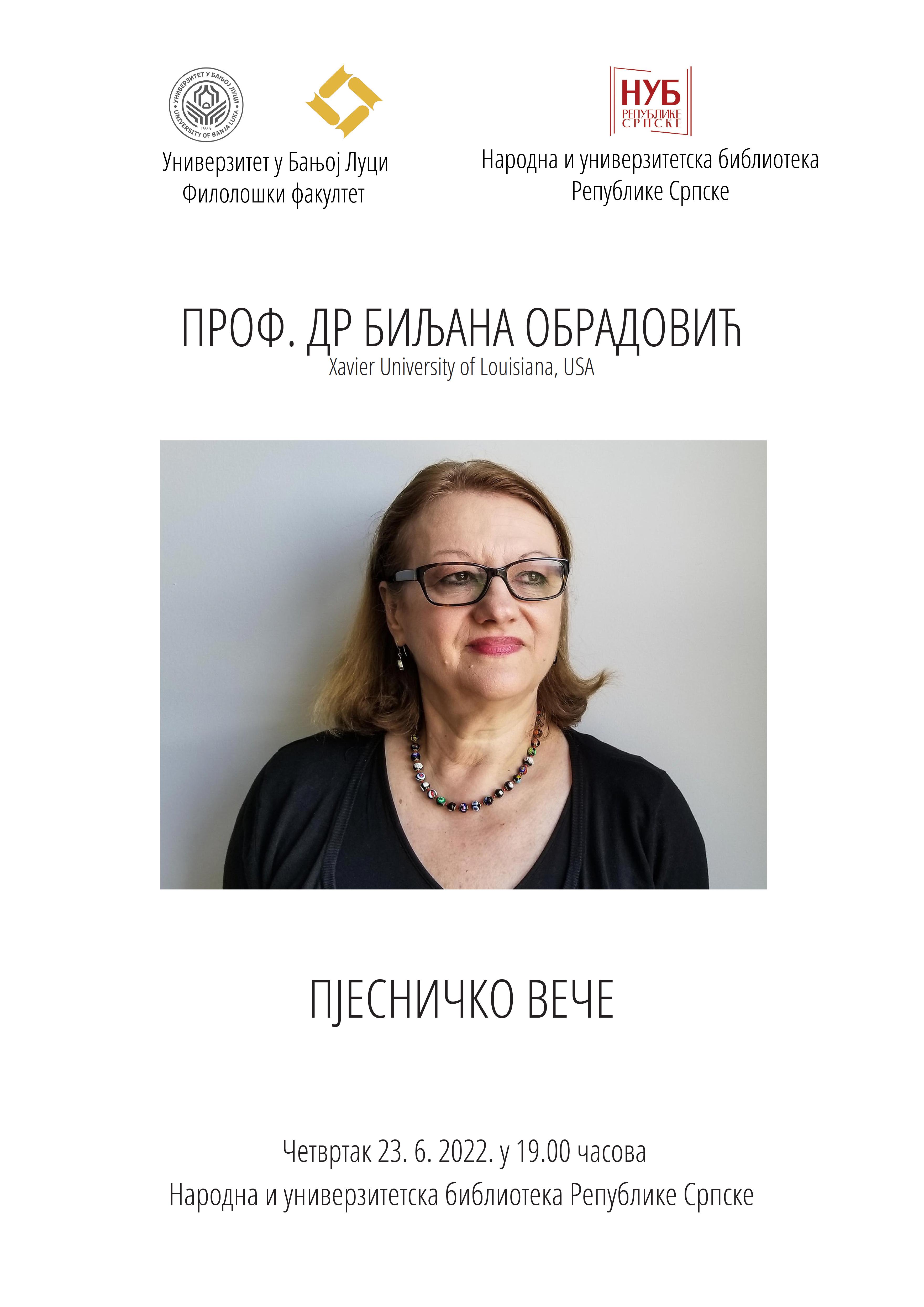 Пјесничко вече са проф. др Биљаном Обрадовићbla
